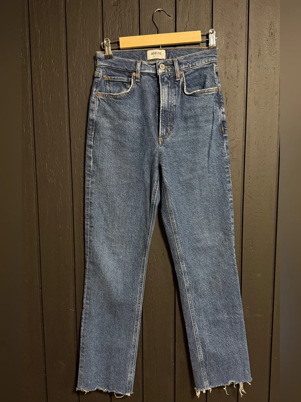 Agolde High-Rise Stovepipe Jeans in Medium Blue Raw Hem 25